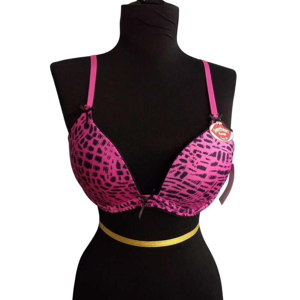 Miss BHavin 36C Bra Sweetheart Plunge Push-Up Pink Black Leopard Adjustable NEW